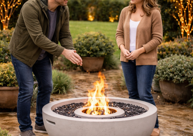 Bioethanol fire pit in outdoor garden with people enjoying warmth