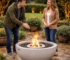 Bioethanol fire pit in outdoor garden with people enjoying warmth