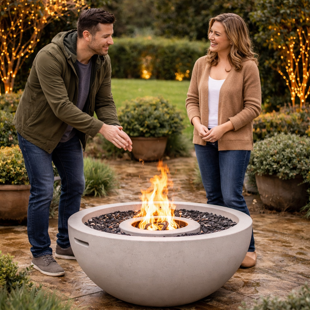 Bioethanol fire pit in outdoor garden with people enjoying warmth