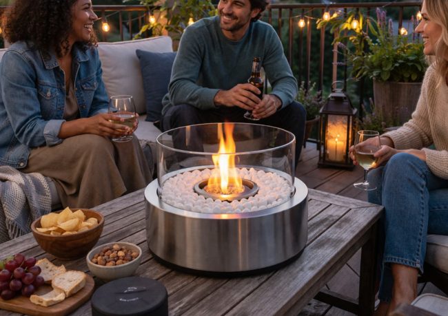 Portable ethanol fire pit with people sitting on balcony