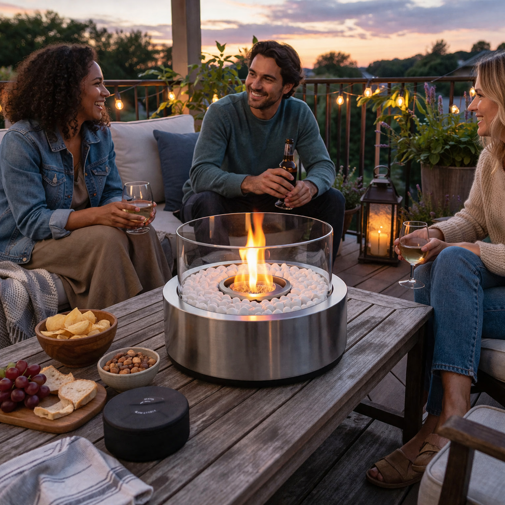 Portable ethanol fire pit with people sitting on balcony