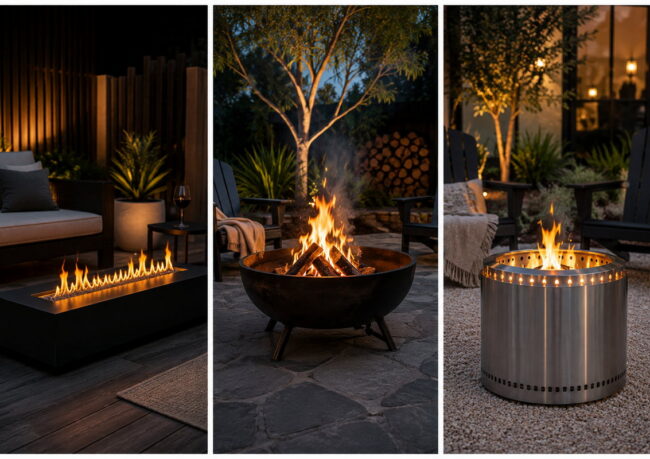 Ethanol, steel and smokeless fire pits compared in an Australian backyard at dusk