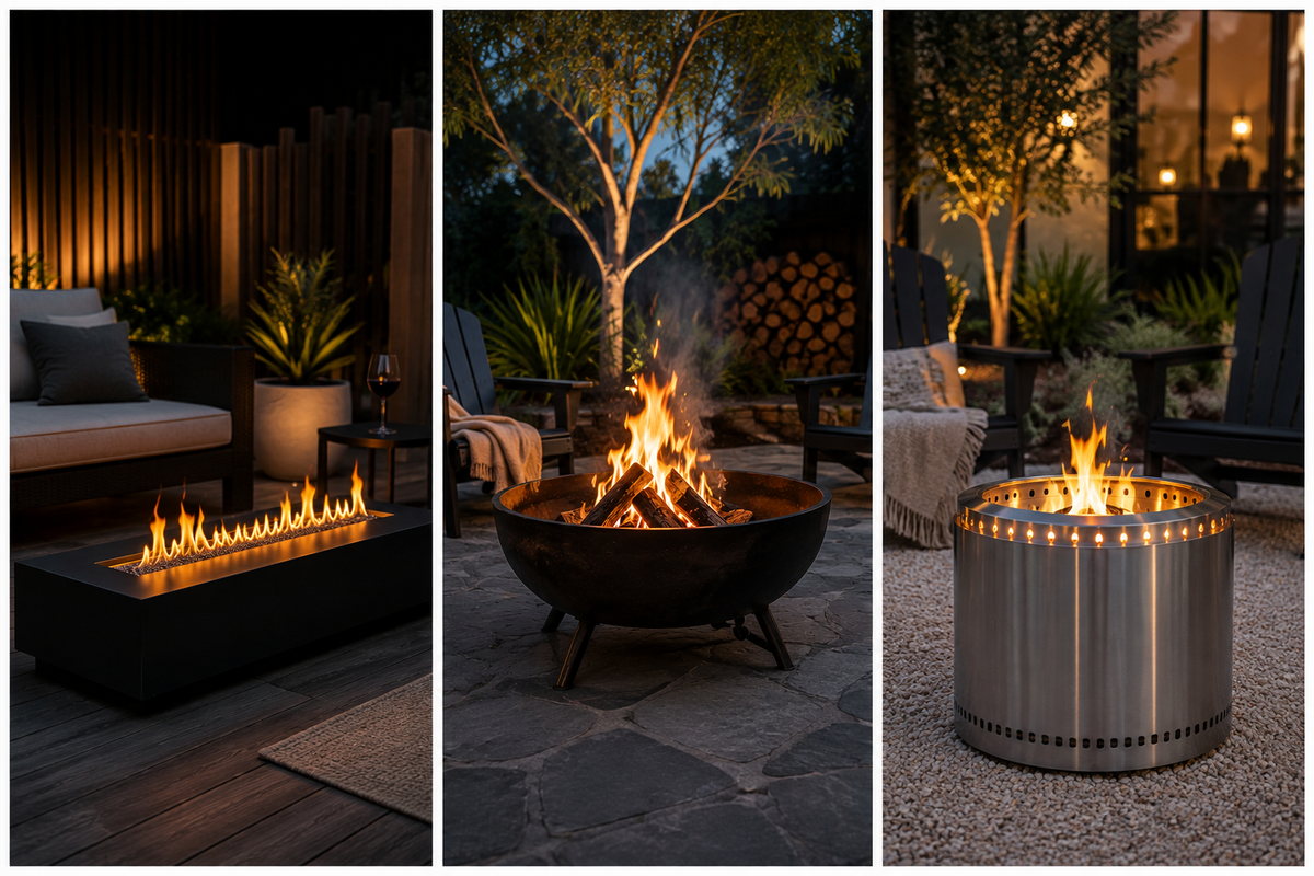 Ethanol, steel and smokeless fire pits compared in an Australian backyard at dusk