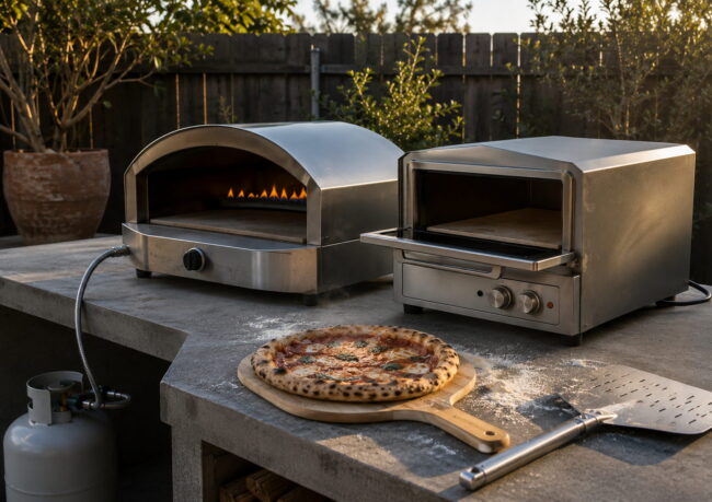 Gas and electric outdoor pizza ovens side by side on a bench in an Australian backyard