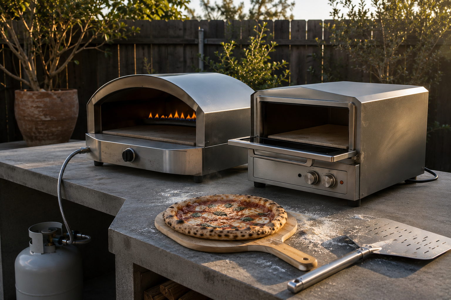Gas and electric outdoor pizza ovens side by side on a bench in an Australian backyard