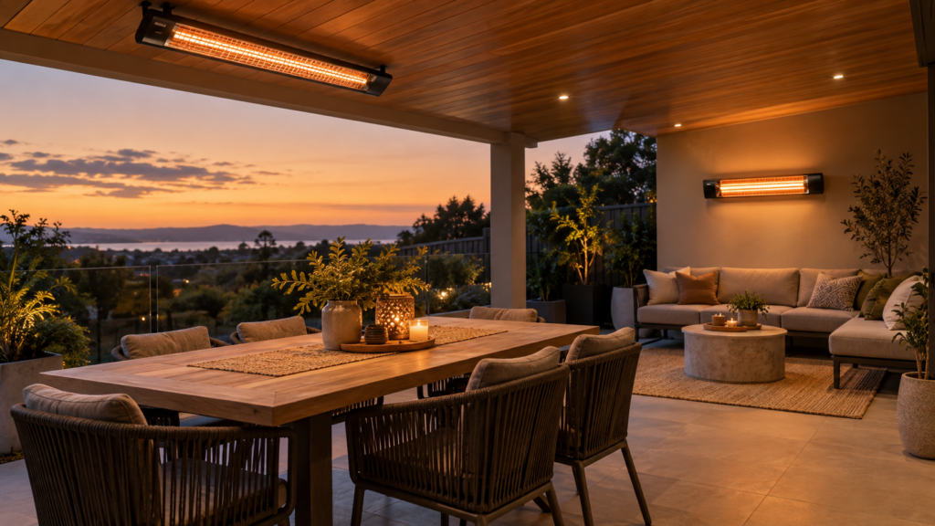 Ceiling and wall-mounted infrared heaters warming separate areas of a covered patio