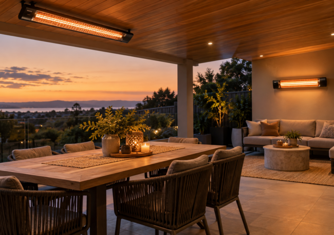 Ceiling and wall-mounted infrared heaters warming separate areas of a covered patio
