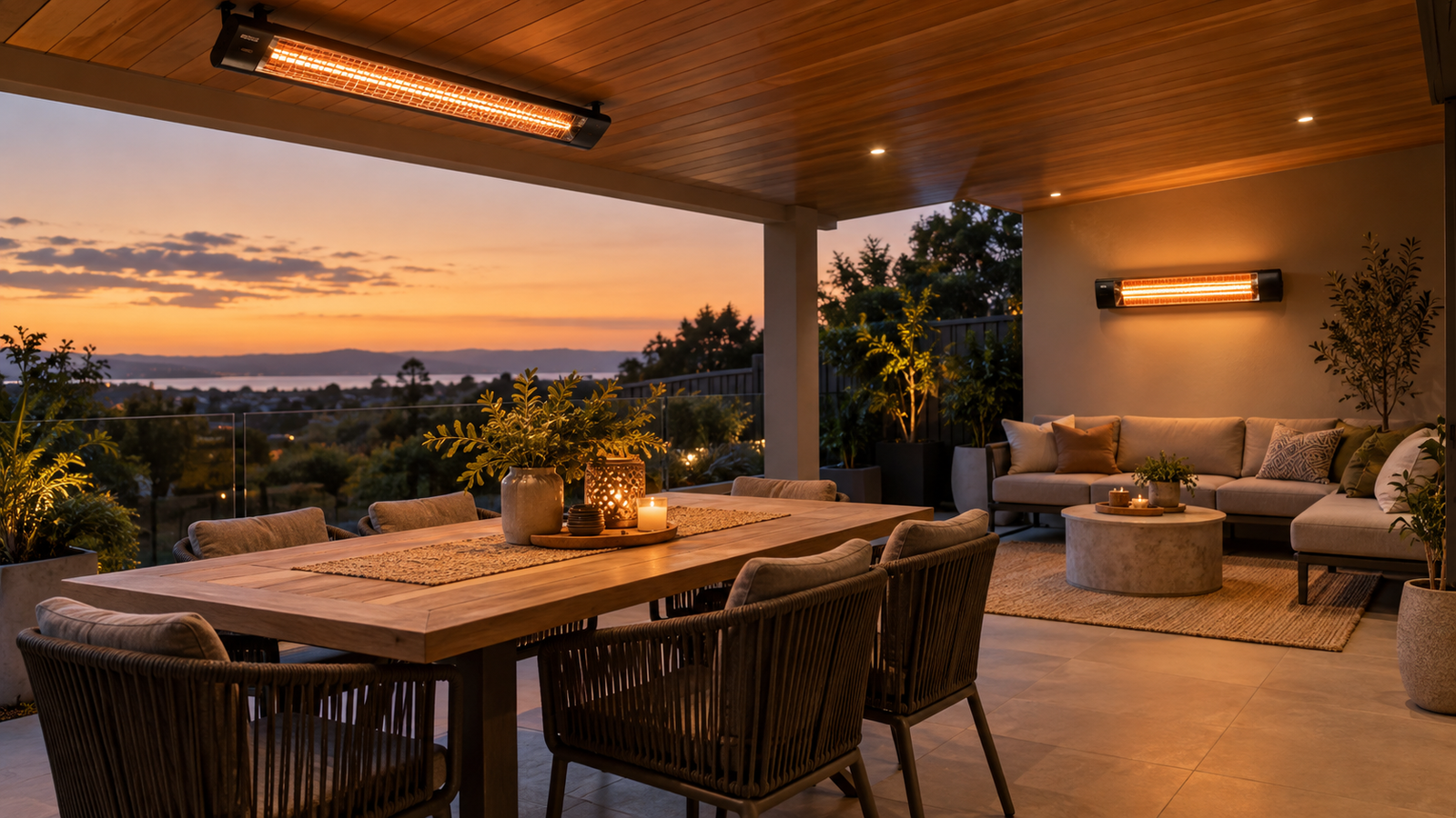 Ceiling and wall-mounted infrared heaters warming separate areas of a covered patio