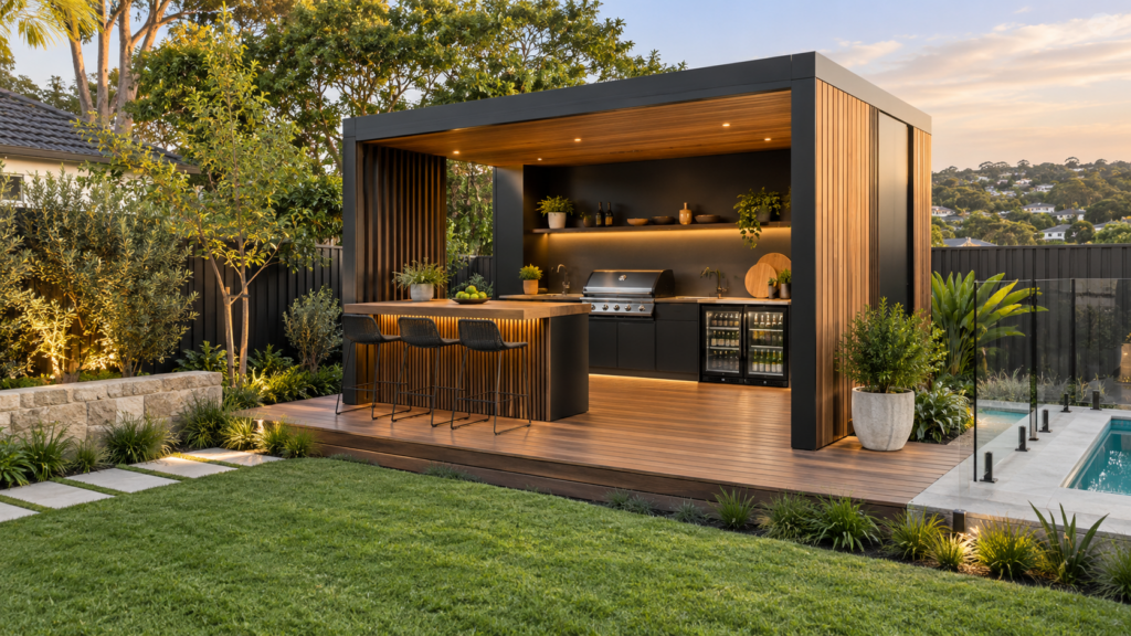 Modern freestanding outdoor BBQ pod with kitchen, bar seating and landscaped garden