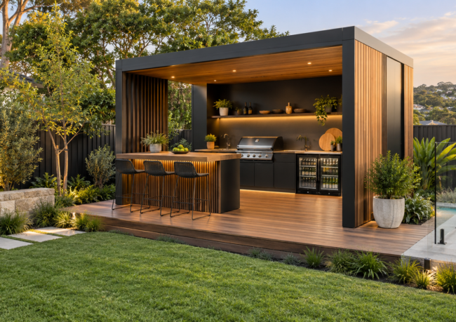 Modern freestanding outdoor BBQ pod with kitchen, bar seating and landscaped garden