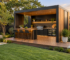 Modern freestanding outdoor BBQ pod with kitchen, bar seating and landscaped garden